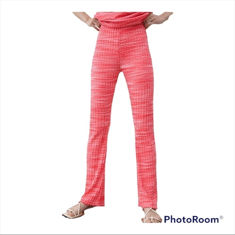 ZARA Red Ribbed High Rise Knit Flare Pants Medium - Picture 3 of 11